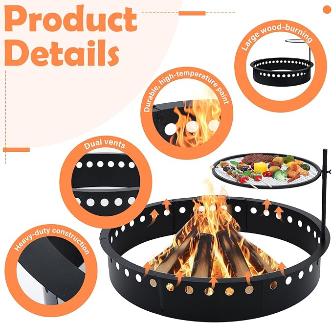 48 Inch Smokeless Fire Pit Ring with Grill Fire Ring for Outside Heavy Duty Metal Firepit Insert Round Steel Large Above/In-Ground Camping Firepit for Outdoor Camping Patio Picnic BBQ Garden