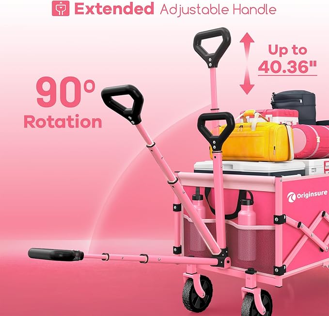 Collapsible Wagon Cart Foldable - Lightweight Portable Heavy Duty Folding Beach Wagons with Wheels - Outdoor Utility Carts for Grocery, Camping, Shopping with Large Capacity - Pink