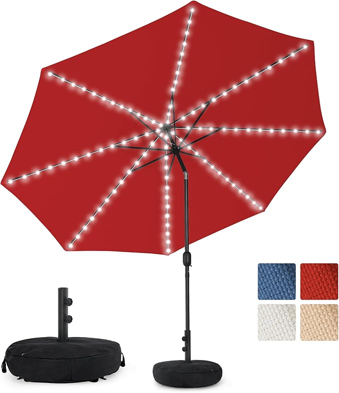 Sundale Outdoor Olefin 5-Year-Non-Fading Solar 104 LED 11FT Solar Patio Umbrella with Sand Bag Base, Outdoor Umbrella with Tilt and Crank, Red