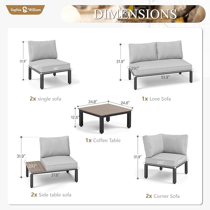 Sophia & William Outdoor Sectional Sofa, 9 Piece Metal Patio Furniture Set, Modular Patio Conversation Set-2 x Single Sofa with Side Table, 4 x Single Chairs, 1 x Loveseat, 1 x Tea Table
