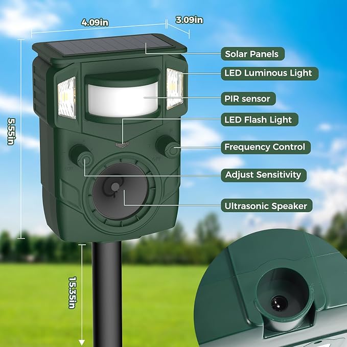 Solar Ultrasonic Animal Repellent, Multi-Modes Deer Repellent Devices,Cat Deterrent Outdoor, Squirrel Raccoon Dog Deterrent with Motion Sensor & Ultrasonic Waves for Garden Yard 2PC