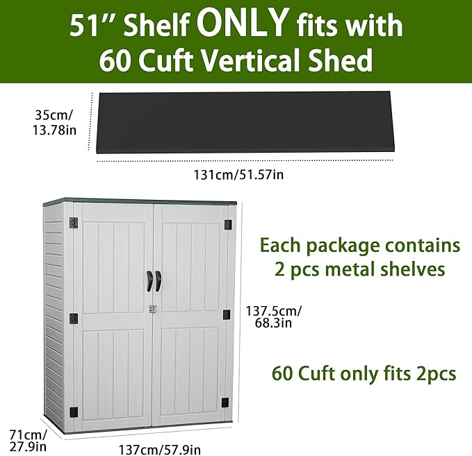 EHHLY Vertical Resin Storage Shed with 2 Shelves, 60 Cuft Garden Tool Sheds & Outdoor Storage, Plastic Outdoor Storage Cabinet Waterproof, 4.5 x 2.3 ft Backyard Outside Lawn Mower Storage Shed, White