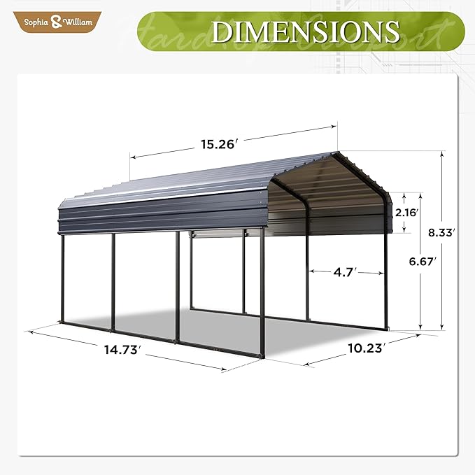 Sophia & William Carport Car Port Metal Canopy 10x15 ft Heavy Duty for Snow, Portable Garage Kit Shed Tent Shelter Metal Frame All Weather Outdoor for Boat with Anti-Leak Seam Taped, Dark Grey