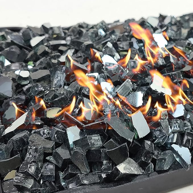 Fire Glass for Propane Fire Pit, 1/4 Inch High Reflective Fireplace Glass Rocks for Fire Pit Table, Fire Pit Glass Rocks for Outdoor Fire Table and Landscaping, 5 lbs, Black Reflective
