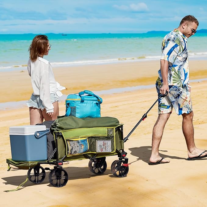 TIMBER RIDGE 47"L Collapsible Folding Wagon with Tailgate, 550lbs Heavy Duty Beach Wagon with All-Terrain Big Wheels, 250L Foldable Utility Wagon Cart for Sand Camping Sports Shopping, Green
