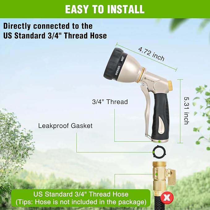 Yesker Garden Hose Nozzle, Water Hose Sprayer Nozzle Adjustable 7 Spray Patterns Heavy Duty Metal Water Nozzles for Hose Outdoor with Non-Slip Rubber Grip for Watering Plants Lawns Washing Cars Pets