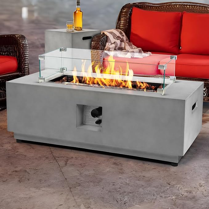 42 Inch Propane Fire Pit Table Set, 3 Pieces Modern Gas Fire Pits for Outside Patio, Firepit w/Tank Cover Table & Wind Guard, 50,000 BTU Outdoor Fire Table for Patio Backyard Deck