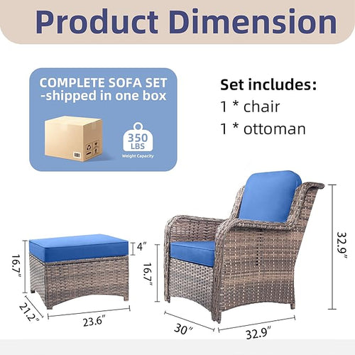 2 Pcs High Back Wicker Patio Chair Set with Ottoman, Outdoor Porch Chair with Thick Cushion for Balcony Deck Yard and Porch, Blue