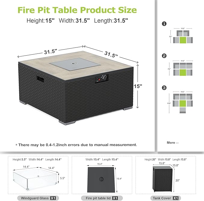 Dineli 31.5 Inch Propane Fire Pit Table Square Gas Fire Pits for Outside Patio Fire Pits & Outdoor Fireplaces 2-in-1 Fire Pit Table with Lid for Camping Backyard Garden, 40,000 BTU, Waterproof