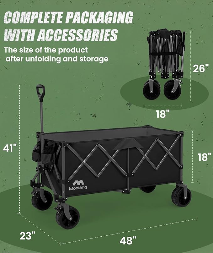 48”L Foldable Wagons Carts - Clearance, Collapsible Folding Wagon Heavy Duty, 320L Large Beach Wagons, Utility Wagon with All Terrain Big Wheels for Sports, Camping, Grocery, Garden, Black