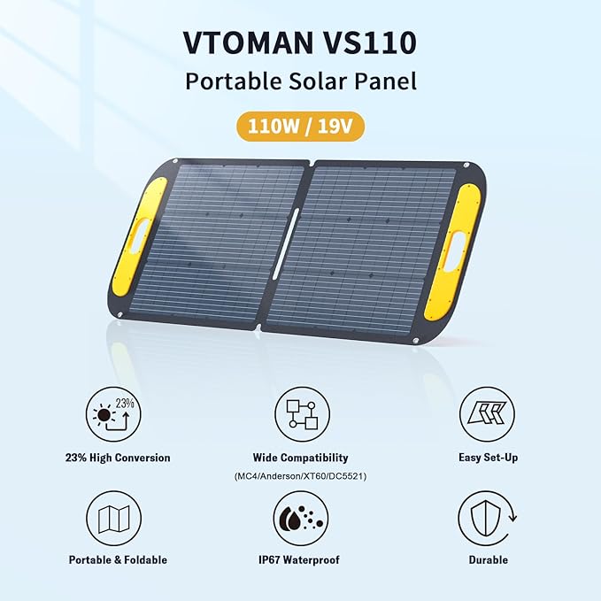 VTOMAN Portable Solar Panel for Solar Generator, 110W 19V Folding Solar Charger with 23% Efficiency, IP67 Waterproof and Adjustable Kickstands Design for Camping, RV, Outdoor Adventures (VS110)