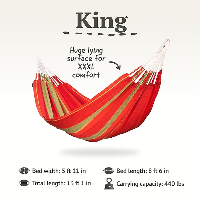 LA SIESTA Flora Classic Cotton Hammock & CasaMount - Indoor/Outdoor Extra Large 2 Person Double Hammock - King, Chili
