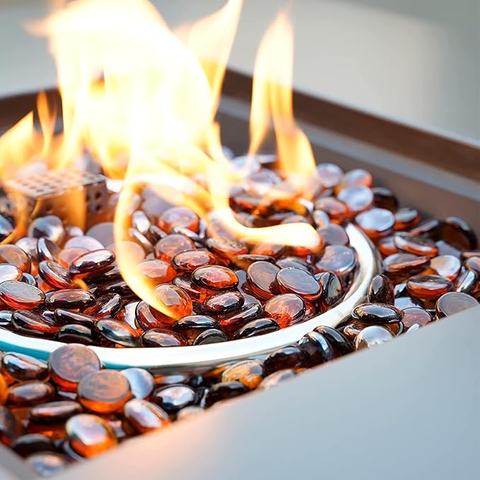 onlyfire 10 Pounds Fire Glass Beads for Propane Fire Pit and Gas Fireplace, 1/2 Inch Round Firepit Glass Rocks Flat Marbles for Fire Pit Table, Caramel