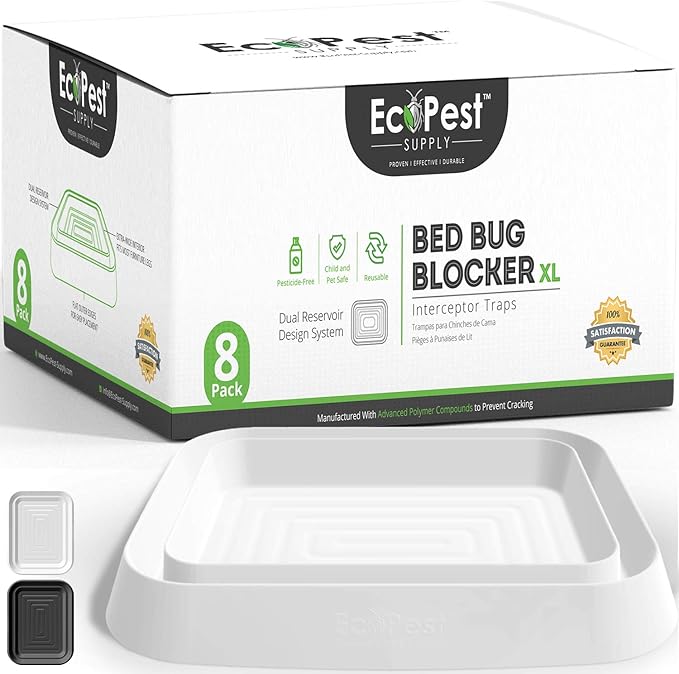 Bed Bug Interceptors – 8 Pack | Bed Bug Blocker (XL) Interceptor Traps | Extra Large Insect Trap, Monitor, and Detector for Bed Legs (White)
