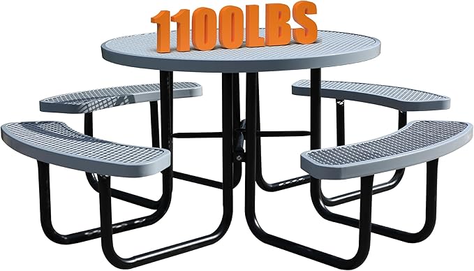 8-Person Outdoor Picnic Tables,46" Heavy-Duty Metal Round Picnic Table,Expanded Metal Commercial-Grade Table with 4 Benches & Umbrella Hole,Waterproof Coating Beach Table for Patio,Garden, Backyard