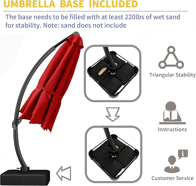 Kingdura 11ft Cantilever Patio Umbrella with Base Included, Large Round Offset Outdoor Pool Umbrella, 360° Rotation & Infinite Tilt, Heavy Duty Aluminum Frame for Deck Backyard, Red