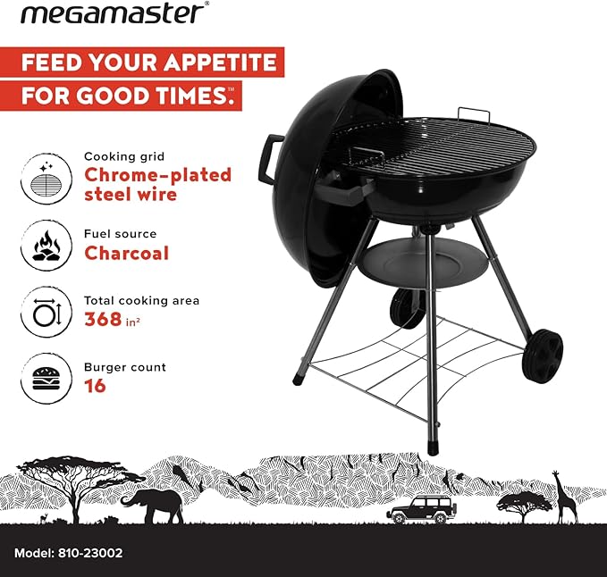Megamaster 22" Heavy Duty Charcoal Barbecue Grill with Adjustable Air Vent, 354 SQ. In Cooking Area, Storage Rack, 2 Wheeled Portable Grill for Camping, Outdoor Cooking, and More - 810-23002