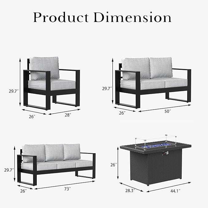 LayinSun 5 Pieces Aluminum Outdoor Patio Furniture Set, Metal Modern Conversation Sofa Set with Fire Pit Table and Washable Thick Cushions for Porch, Backyard, Deck