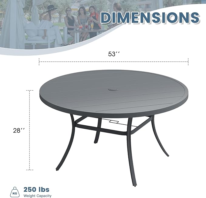 DIFY Patio Round Dining Table, 53" All Weather Round Outdoor Table with 1.57" Umbrella Hole for 8 Person, Perfect for Yard, Balcony and Lawn, Grey