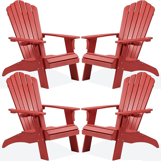 Psilvam Adirondack Chair, Oversized Poly Lumber Fire Pit Chair with Cup Holder, 350Lbs Support Patio Chairs for Garden, Weather Resistant Adirondack Chair Looks Like Real Wood (4, Red)