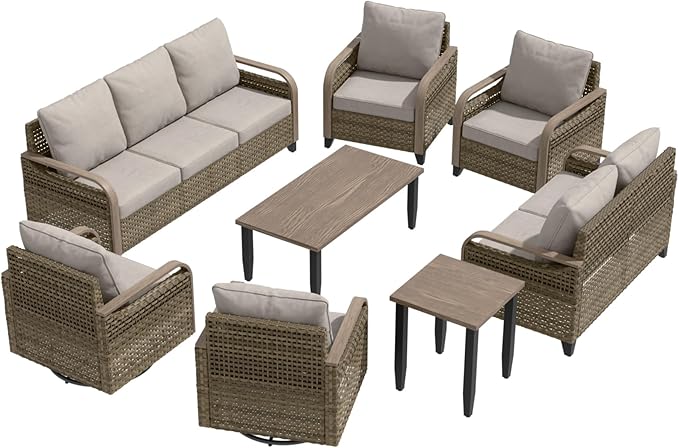 EAGLE PEAK Modern Wicker Outdoor Patio Furniture Set, Patio Conversation Set, 2 Chairs, 2 Swivel Rocker Chairs, 3-Seat Sofa, Loveseat, Coffee Table and Side Table, 8 Pieces, Brown/Gray