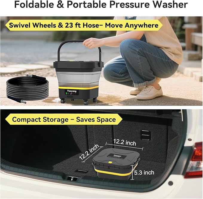 Portable Cordless Pressure Washer with Tank: 1200 PSI Foldable Power Washer – 3.4 Gal Tank, 7-Level Adjustable Sprayer & 360° Nozzle – Compact Electric Cleaner for Car, Garden, Patio, Camping