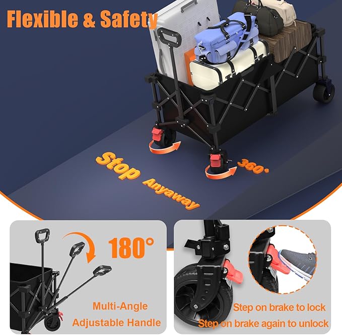 41" L Collapsible Large Wagon Cart Foldable, 460LB Weight Capacity 220L Heavy Duty Folding Beach Wagons with Big All-Terrain Wheels, Utility Carts for Camping, Garden, Shopping, Sports, Black