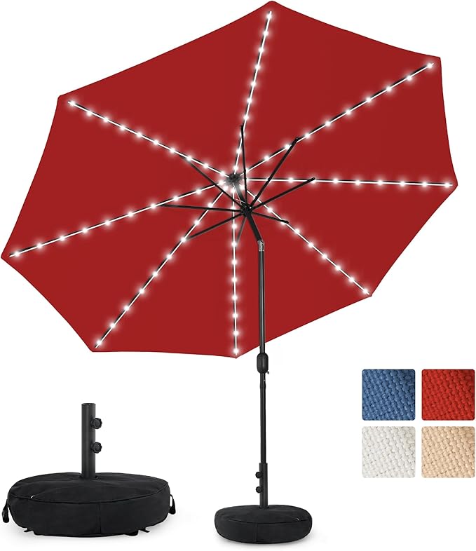 Sundale Outdoor Olefin 5-Year-Non-Fading Solar 80 LED 9 FT Solar Patio Umbrella with Sand Bag Base, Outdoor Umbrella with Tilt and Crank, Red