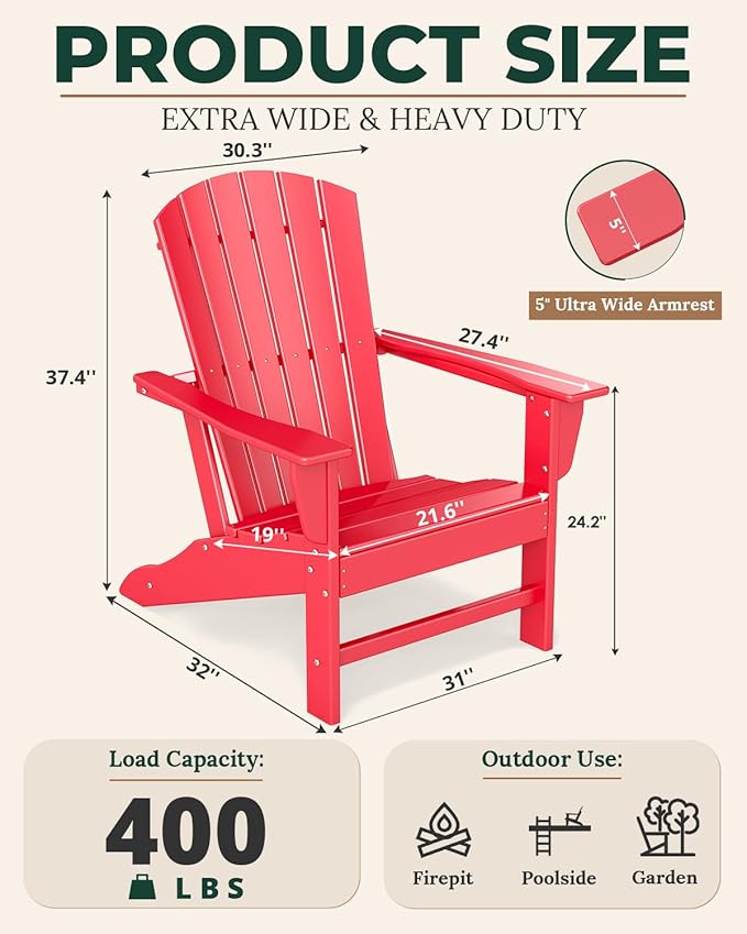 BRIOPAWS Adirondack-Chairs-Set of 2 | Fire Pit Chair | Oversized | HDPE Plastic | Weather Resistant | for Deck Outdoor Poolside Campfire | Red