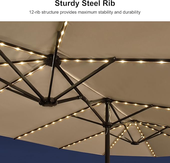 PURPLE LEAF 13ft Patio Market Umbrella with Solar LED and Base Double-Sided Rectangle Outdoor Table Sun Umbrellas with Crank for Pool Beach Deck Backyard Khaki
