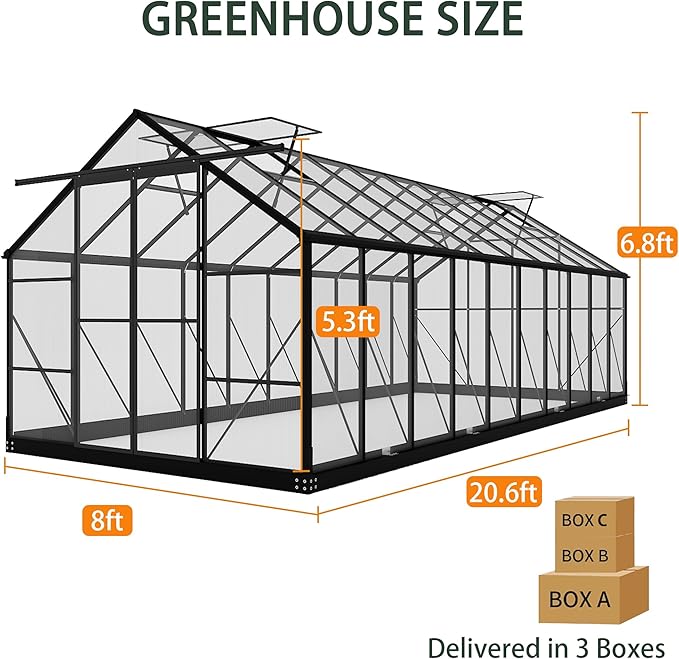 Greenhouses for Outdoors, 8x20 FT Polycarbonate Greenhouses with 4 Adjustable Roof Vents, Walk-in Aluminum Frame Green Houses for Outside with Sliding Doors, Windproof, Outdoor Graden (8x20FT)