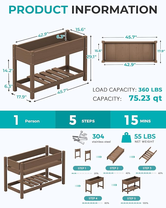 SERWALL Raised Garden Bed, HDPE Raised Bed for Gardening All Weather Use- Brown