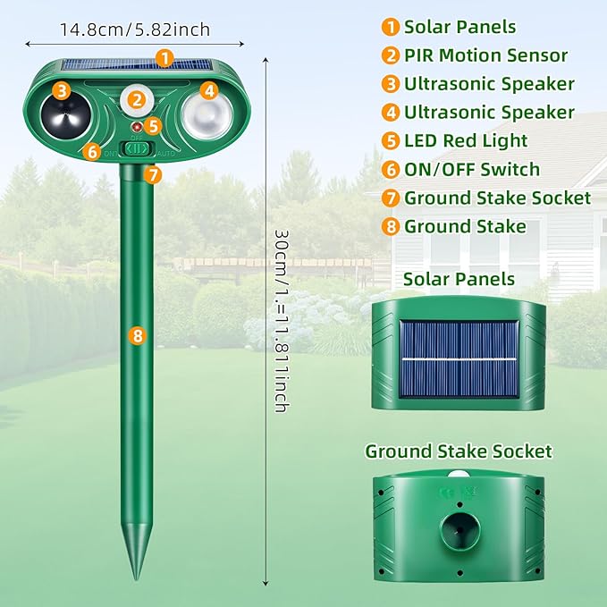 Solar Ultrasonic Animal Repellent Outdoor 2 Pack Cat Rabbit Squirrel Dog Deer Repellent Devices Coyote Skunk Raccoon Fox Deterrents Light Animal Repeller with Motion Sensor for Yard Garden