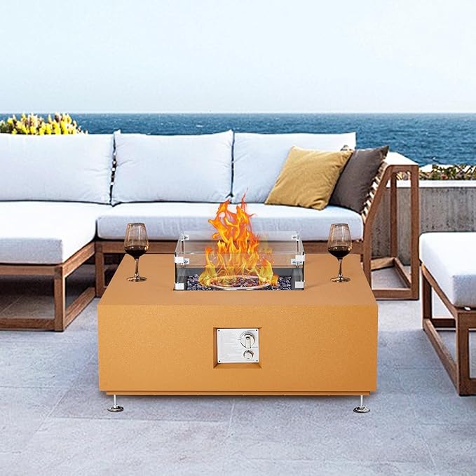 36" Outdoor Propane Fire Pit Table, 50000BTU Fire Table with Wind Guard, 11LBs Glass Beads & Rain Cover, Patio Heater with Anti-Rust Coating, Stainless Steel Gas Fire Pits for Outside Patio,Yellow