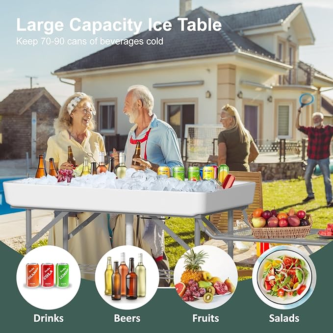 IWDOO Ice Cooler Table with Foldable Extension Stand, 4 Foot Outdoor Ice Table with Matching Skirt & Drain Hose, Folding Cooler Tables with Metal Shelf for Party, BBQ, Camping Picnic, White