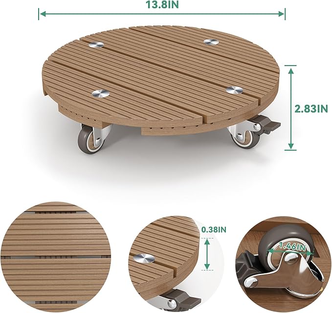 mondaria 2 Pack Plant Caddy with Wheels, 13.8" Wood Plastic Composite Plant Stand, Heavy Duty Round Plant Dolly with Metal 360° Lockable Caster Wheels for Large Plant Pots, Flower Pot ,Brown