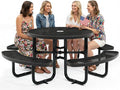 Metal Picnic Tables for Outdoors with Umbrella Hole - Coated Steel Heavy Duty Commercial Grade Furniture Set with Adjustable Seats (Black, 46 in, Round, Expanded Steel)
