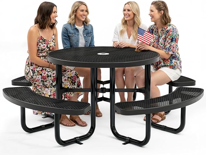 Metal Picnic Tables for Outdoors with Umbrella Hole - Coated Steel Heavy Duty Commercial Grade Furniture Set with Adjustable Seats (Black, 46 in, Round, Expanded Steel)