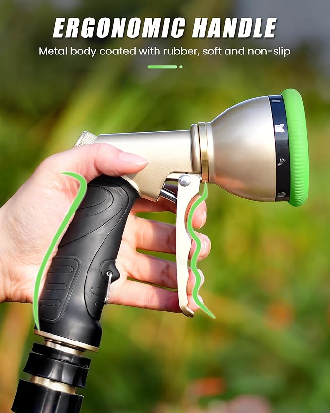 RAINPOINT Garden Hose Nozzle, Heavy Duty Metal Water Hose Sprayer Nozzle with 9 Adjustable Spray Patterns, High Pressure Hand Sprayer for Watering Plants, Lawns, Car and Pet Washing (1, Green)