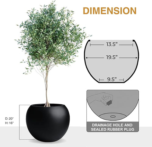 16" H x 20" D Globo Fiberstone Round Planter - Christmas Tree Planter, Smooth Finishes, Weather Resistant for Indoor & Outdoor Use, Included 2 Extra Coco Mats (Black, 13.5" Pot Opening)
