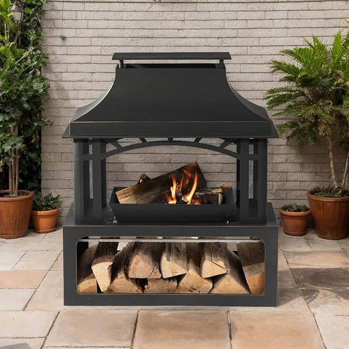 40" Wood Burning Fireplace, Outdoor Fireplace with Wood Storage and Removable Fire Grill, Steel Fire Pit, Woods Burning Chimney for Outside Patio Deck Garden Backyard (Black)