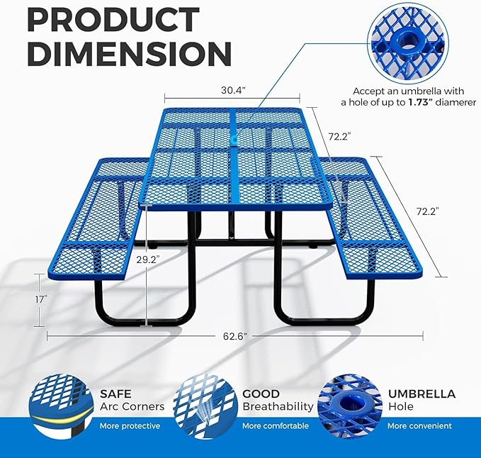KUFUH 72" Coated Round Metal Picnic Table for 4-6 Person, Durable Heavy Duty Commercial Picnic Table with Umbrella Hole for Outdoor Coffee Shop, School, Easy to Install, Blue