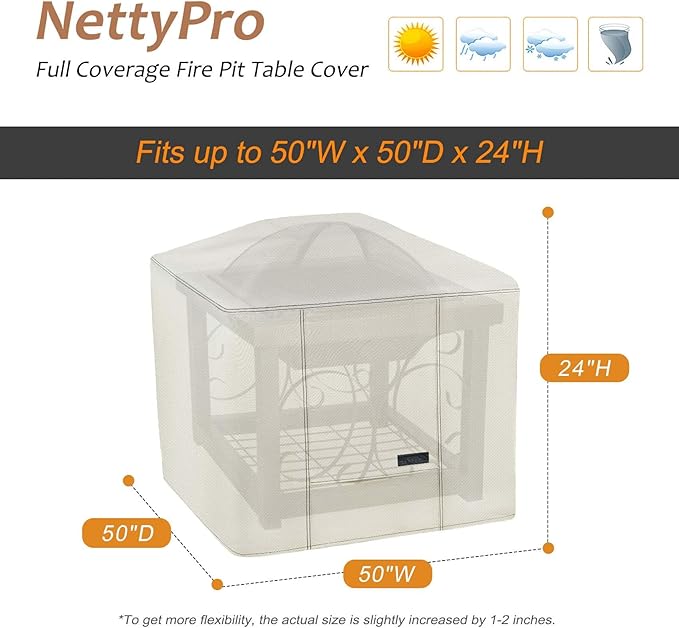 NettyPro Fire Pit Cover Square Waterproof Outdoor Firepit Cover for Gas Propane Fire Pit Table, 50 x 50 x 24 inch, Beige