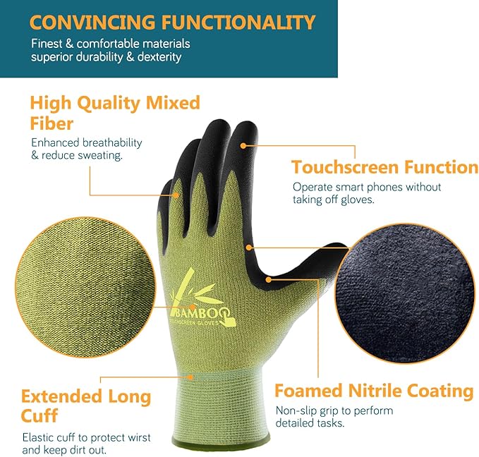 COOLJOB 2 Pairs Gardening Working Gloves for Men and Women, Touchscreen, Grippy Nitrile Rubber Coated for Garden Yard, Green/Black, XX-Large Size (XXL)