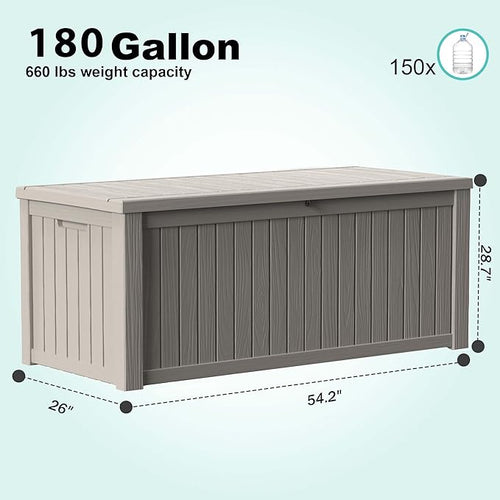 180 Gallon Outdoor Deck Box,Storage Lockable Waterproof Patio Furniture,Garden Tools,Cushions,Pool Accessories Outside Storage Resin Box(Grey)
