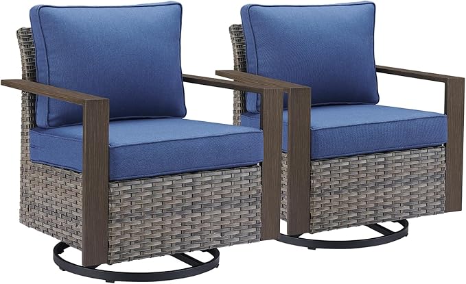Rilyson Outdoor Patio Swivel Rocker Chairs - Wicker Rattan Patio Swivel Rocking Chairs Set of 2 with Metal Wide Armrest, Thick Cushions and Deep Seating for Deck Porch Sunroom Garden(Mixed Grey/Blue)