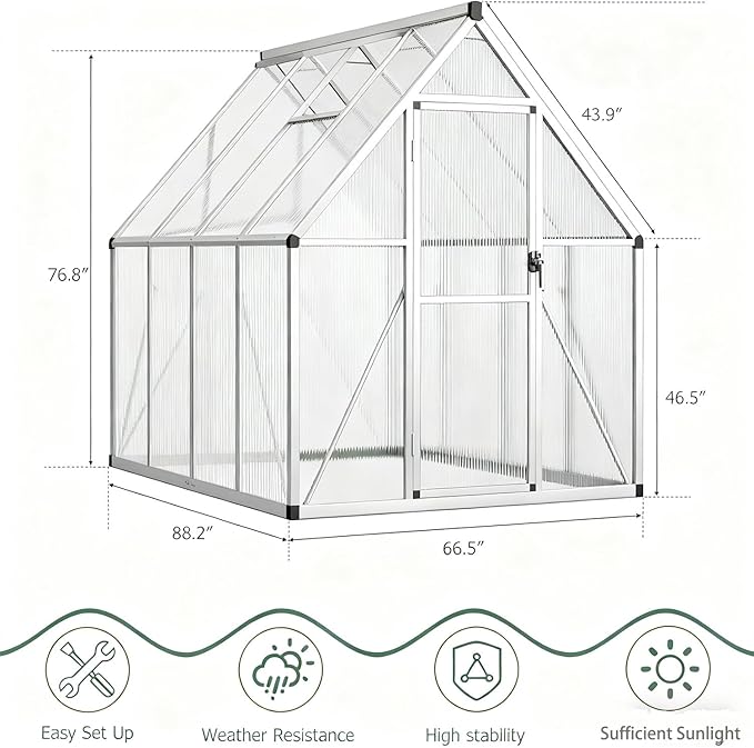 GAOMON 6x7 FT Outdoor Greenhouse with Roof Vent, Heavy Duty Aluminum Polycarbonate Greenhouses, Easy Assembly, Lockable Door, Large Walk-in Greenhouse for Patio, Backyard, Garden