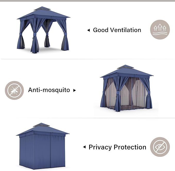 LAUSAINT HOME Gazebo 8x8ft, Heavy Duty Patio Gazebo with Expansion Bolts, Party Canopy Tent with Double Roofs, Mosquito Nettings and Privacy Screens for Backyard, Garden, Lawn, Navy Blue