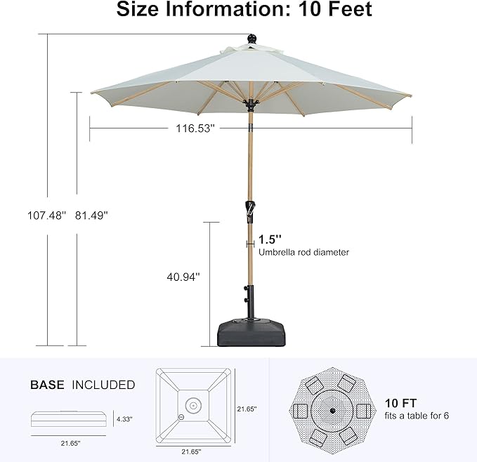 PURPLE LEAF 10 Feet Patio Umbrella with Base Outdoor Umbrella Round Market Umbrella for Table with Push Button Tilt & Crank and 8 Ribs Aluminum Pool Umbrella for Beach Patio, Cream
