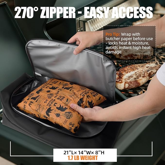 BBQ Blanket for Resting Meat, Leak-Proof Insulated Meat Resting Bag, 270°Top Opening for Large Briskets, Turkey, Washable Smoker Accessories Gifts for Men, Christmas Stocking Stuffers for BBQ Lover